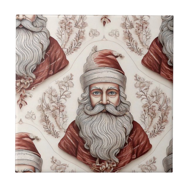 Whimsical Santa Claus & Botanical Ceramic Tile (Front)