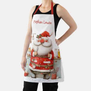 Whimsical Santa Claus Chef Red Name Christmas Apron