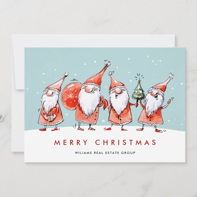 Whimsical Santa Claus Gnomes Christmas Corporate Holiday Card (Front)
