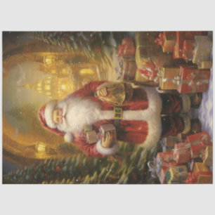 Whimsical Santa Claus holding Christmas present Tissue Paper