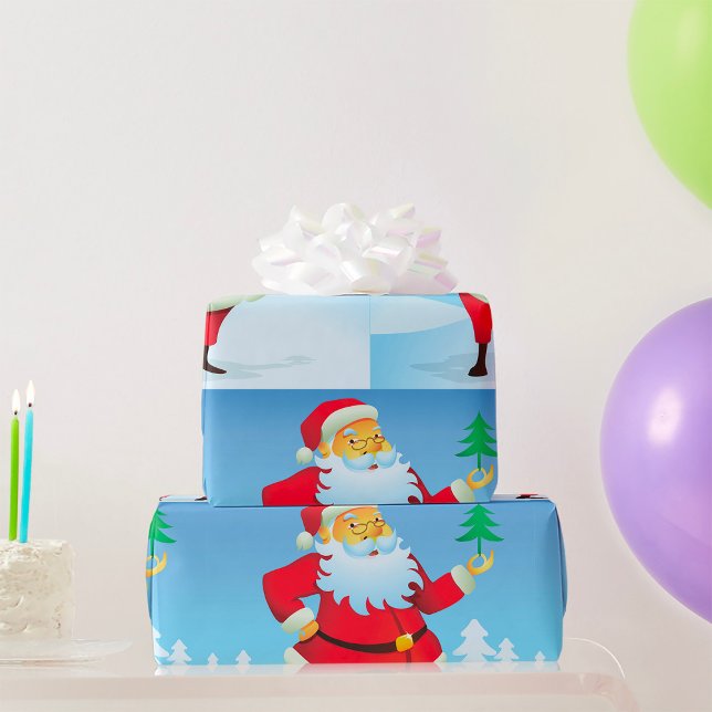 Whimsical Santa Claus with Mini Christmas Tree  Wrapping Paper (Creator Uploaded)