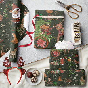 Whimsical Santa Elf & Friends Christmas Green Wrapping Paper