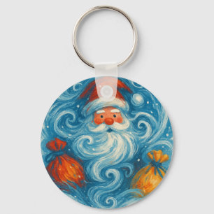 Whimsical Santa in a Swirling Winter Storm Key Ring