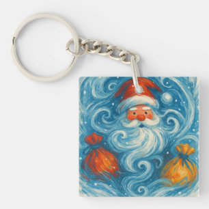 Whimsical Santa in a Swirling Winter Storm Key Ring