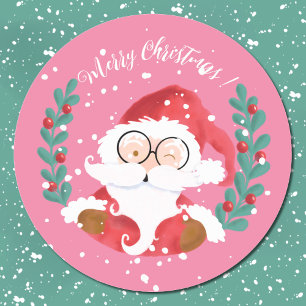 Whimsical Santa Merry Christmas Pink Stickers