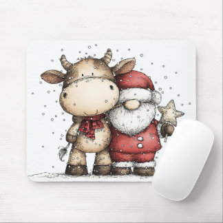 Whimsical Santa & Moo-Moo Holiday Christmas Cheer Mouse Pad