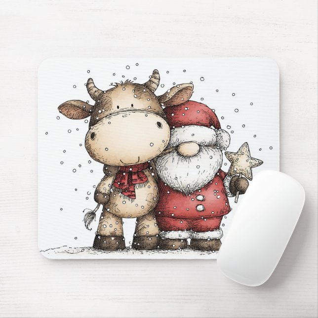 Whimsical Santa & Moo-Moo Holiday Christmas Cheer Mouse Pad (With Mouse)