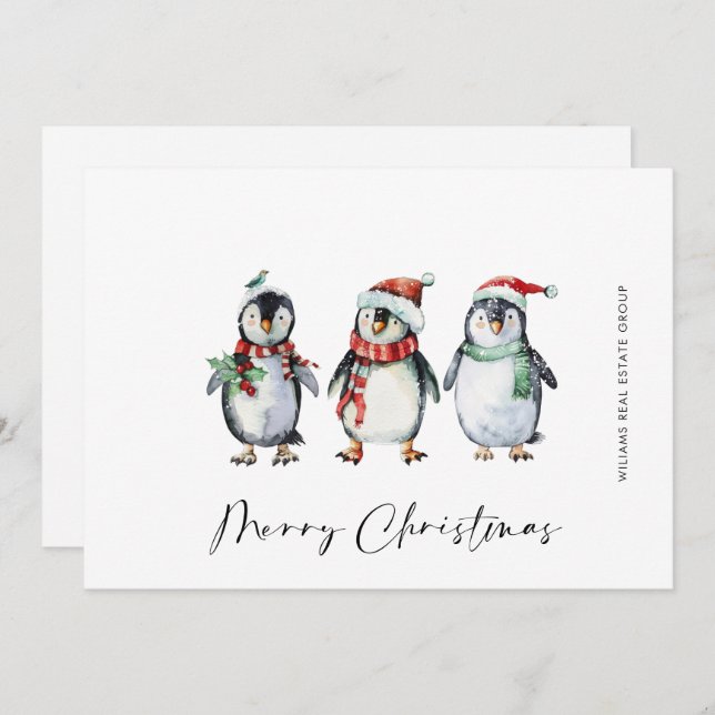 Whimsical Santa Penguins Christmas Corporate Holiday Card (Front/Back)