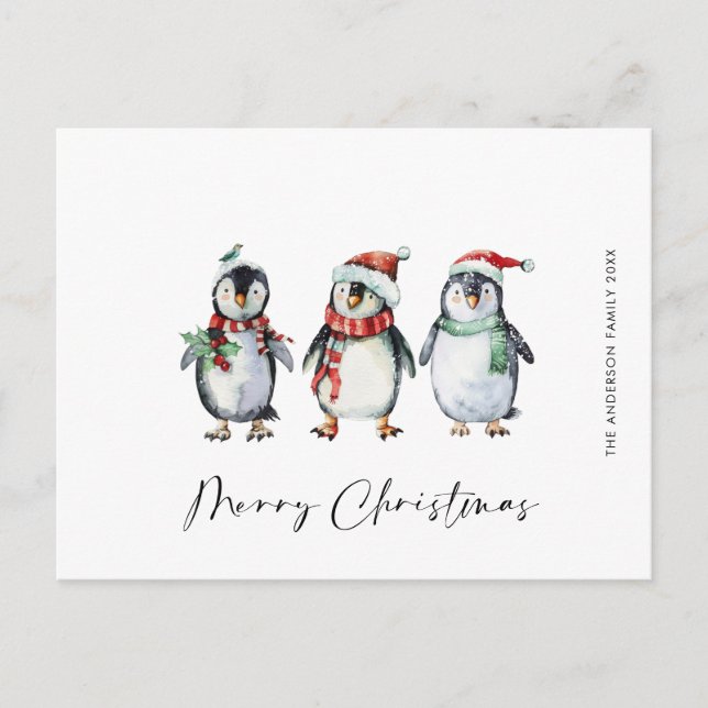 Whimsical Santa Penguins Christmas Holiday Postcard (Front)