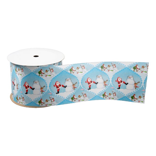 Whimsical Santa Playing Golf, Snowman And Reindeer Satin Ribbon (Spool)
