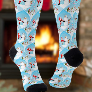 Whimsical Santa Playing Golf, Snowman And Reindeer Socks