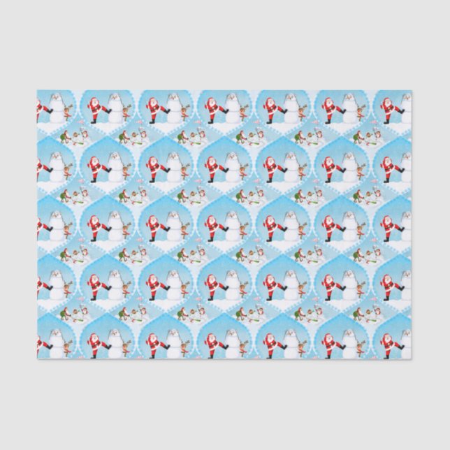 Whimsical Santa Playing Golf, Snowman And Reindeer Tissue Paper (Front)