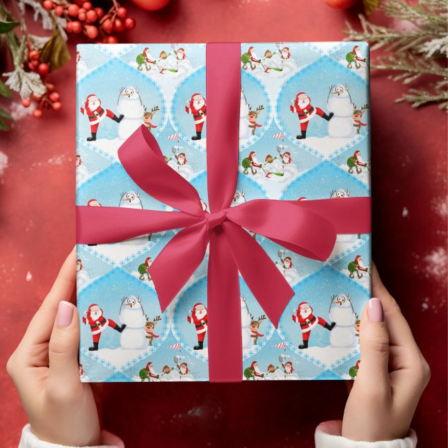 Whimsical Santa Playing Golf, Snowman And Reindeer Wrapping Paper Sheet (A funny Christmas wrapping paper with Santa making Mr. Snowman worried!)