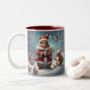 Whimsical Santa Squirrel and baby squirrels Two-Tone Coffee Mug