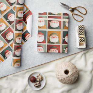 Whimsical Santas in Coloured Squares Wrapping Paper