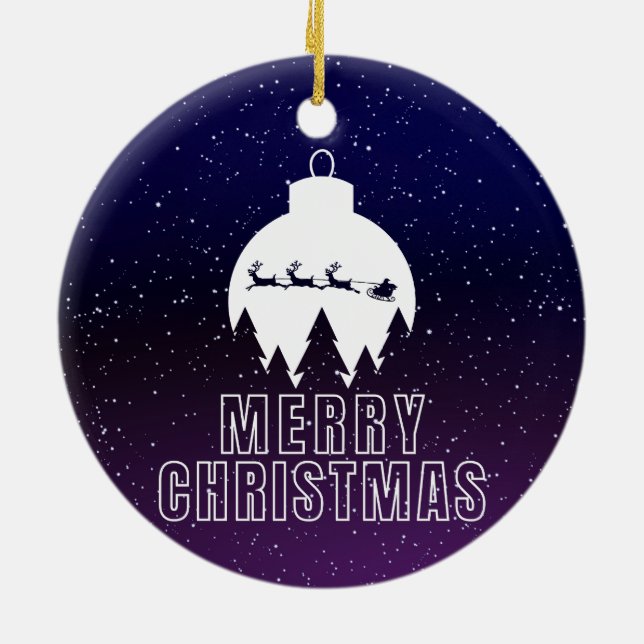 Whimsical Santa's Sleigh and Midnight view Ceramic Ornament (Back)