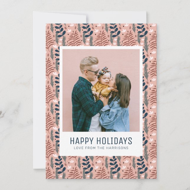 Whimsical Scandi Pink Foliage Pattern Family Photo Holiday Card (Front)