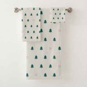 Whimsical Scandinavian Christmas Trees Green Pink Bath Towel Set