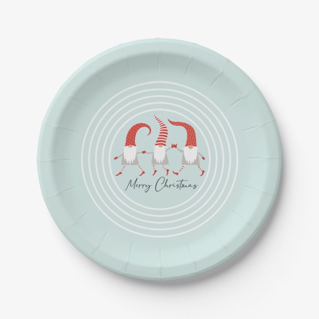 Whimsical Scandinavian Gnomes Christmas Party Paper Plate (Front)