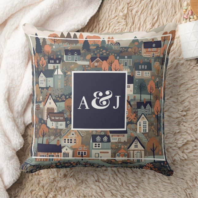 Whimsical Scandinavian Village Monogram Cushion (Blanket)