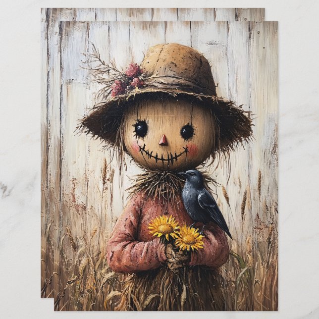 Whimsical Scarecrow and Sunflowers Scrapbook Paper (Front/Back)