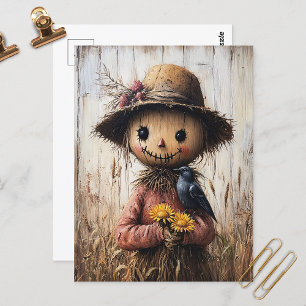 Whimsical Scarecrow Holding Sunflowers Postcard