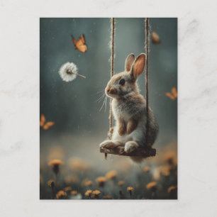 Whimsical Scene of a Cute Baby Bunny on a Swing Holiday Postcard
