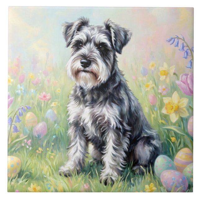 Whimsical Schnauzer with Easter Eggs Ceramic Tile (Front)