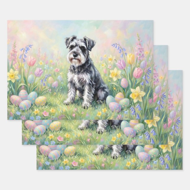 Whimsical Schnauzer with Easter Eggs Wrapping Paper Sheet (Set)