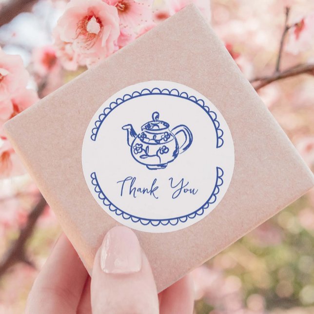 Whimsical Scribble Doodle Hand Drawn Favour Classic Round Sticker (thank you sticker with whimsical, doodle, hand drawn teapot in blue and a cute border)
