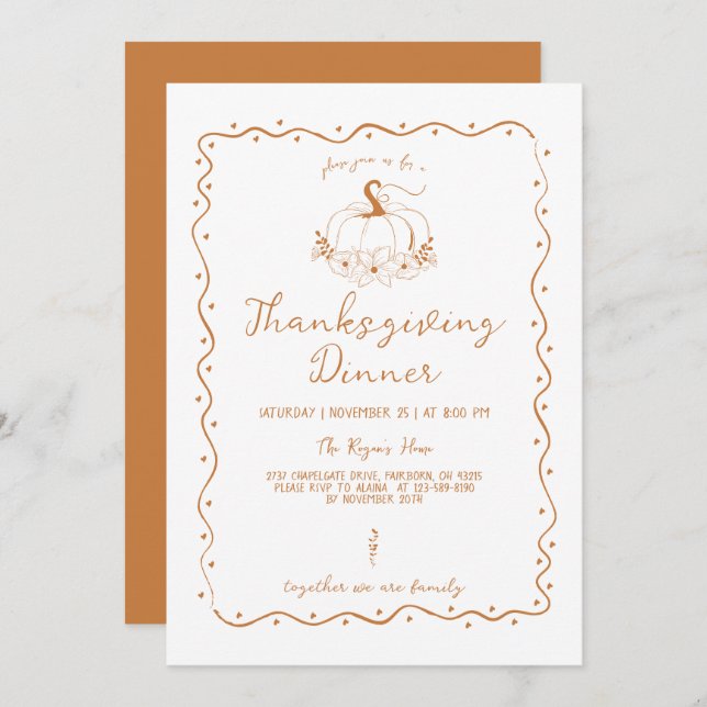 Whimsical Scribble Hand Drawn Pumpkin Thanksgiving Invitation (Front/Back)