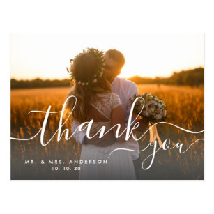 Whimsical Script 2 Photo Rustic Wedding Thank You Postcard