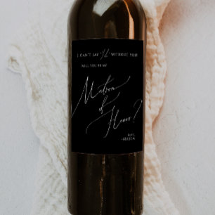 Whimsical Script Black Matron Of Honour Proposal Wine Label