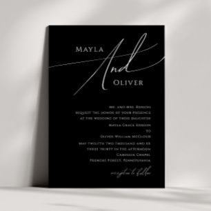 Whimsical Script   Black Traditional Wedding Invitation