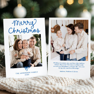 Whimsical Script Blue Bow Christmas 2 Photo Holiday Card