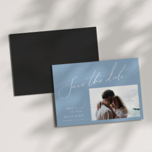 Whimsical Script   Blue Horizontal Save The Date  Magnetic Invitation