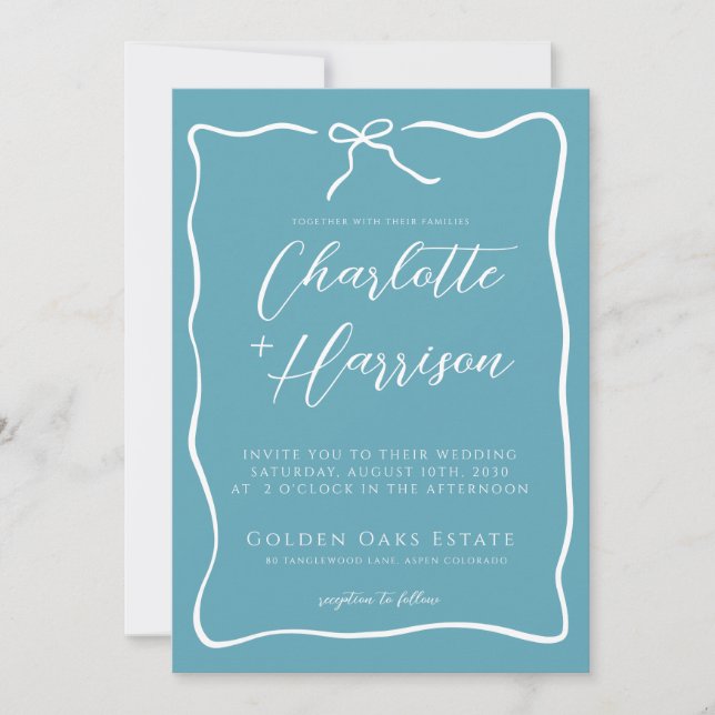Whimsical Script Border Blue Ribbon Wedding Invitation (Front)
