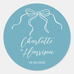 Whimsical Script Bow Border Wedding Classic Round Sticker