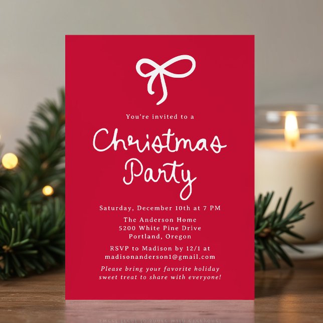 Whimsical Script Bow Red Christmas Party Invitation (Creator Uploaded)