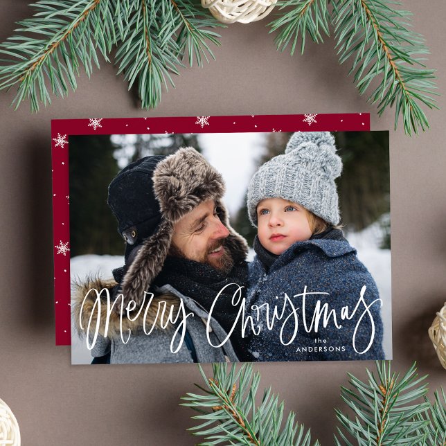 Whimsical Script Burgundy Merry Christmas Photo Holiday Card (Creator Uploaded)