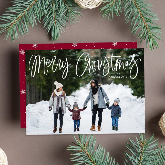 Whimsical Script Burgundy Merry Christmas Photo Holiday Card (Creator Uploaded)