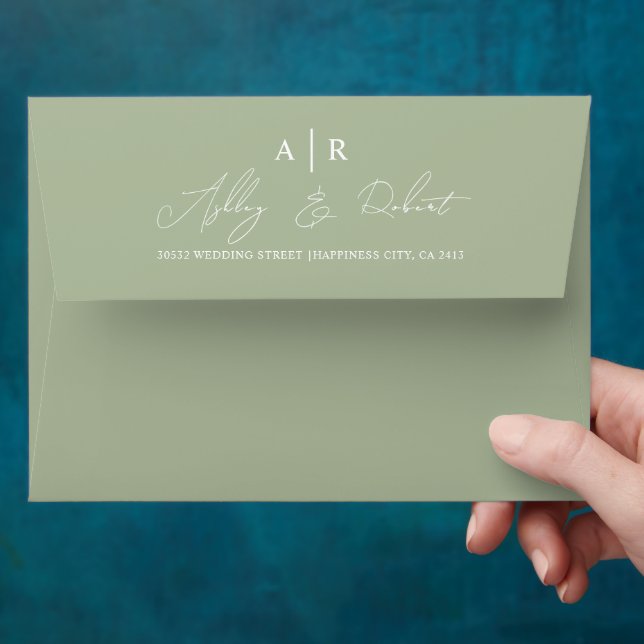 Whimsical script calligraphy sage green wedding envelope (Hand)