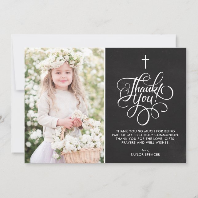 Whimsical Script Chalkboard First Holy Communion Thank You Card (Front)
