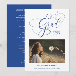 Whimsical Script Chic Navy Modern Photo Graduation Invitation