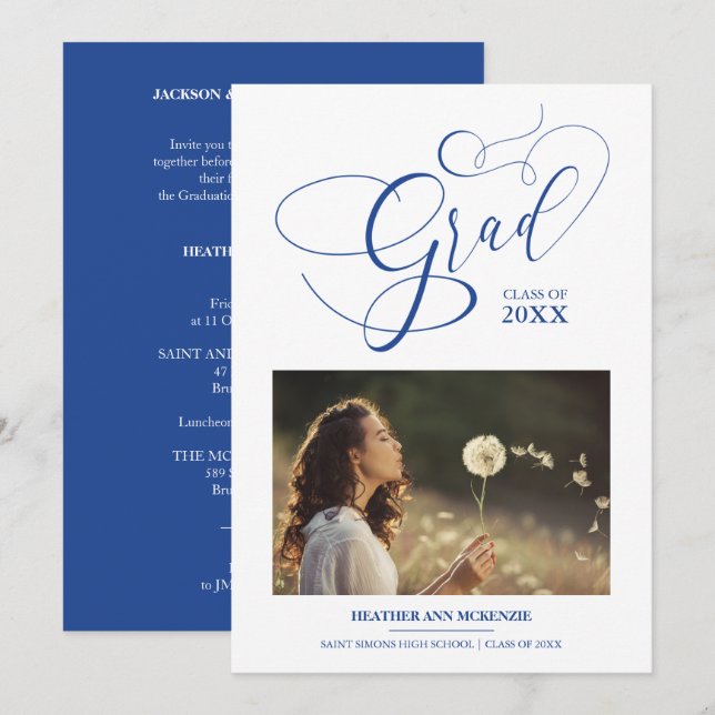 Whimsical Script Chic Navy Modern Photo Graduation Invitation (Front/Back)