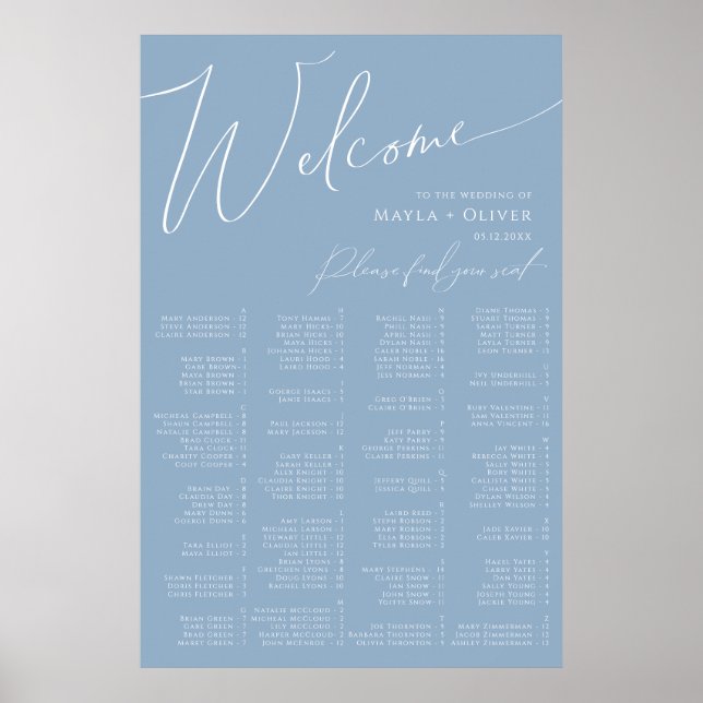 Whimsical Script | Dusty Blue Alphabetical Seating Poster (Front)