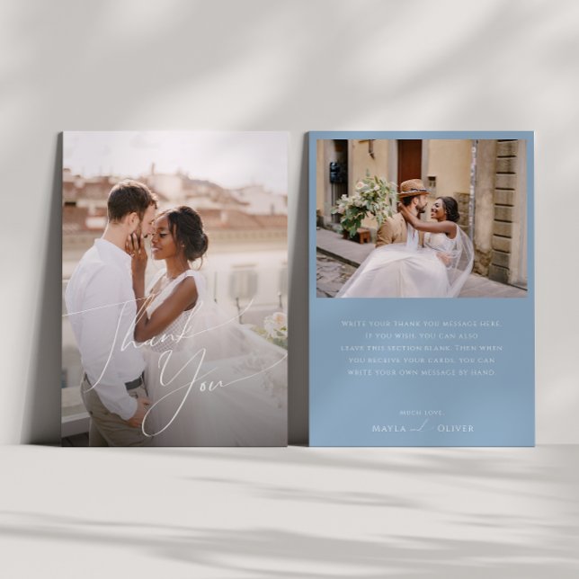 Whimsical Script | Dusty Blue Flat Photo Thank You Card (Creator Uploaded)