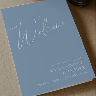 Whimsical Script Dusty Blue Folded Wedding Program