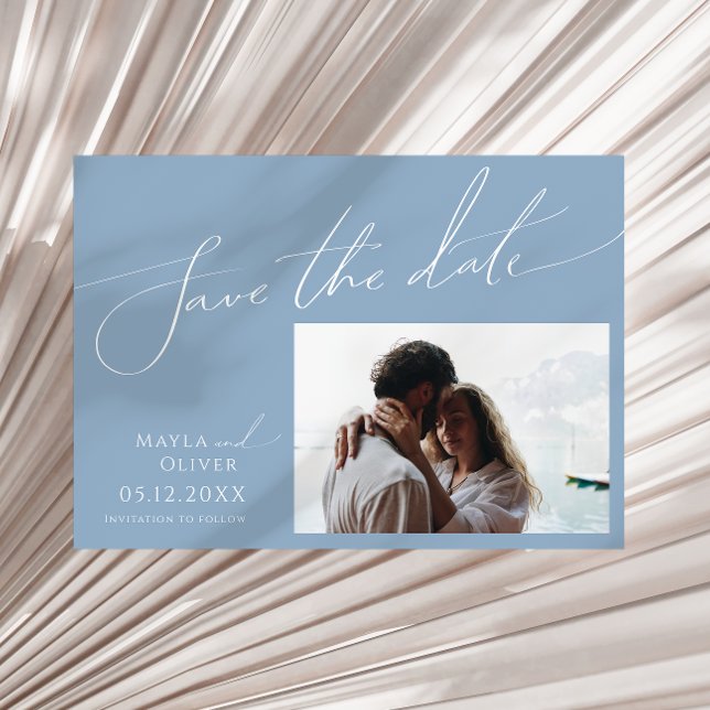 Whimsical Script | Dusty Blue Horizontal Photo Save The Date (Creator Uploaded)