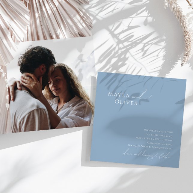 Whimsical Script | Dusty Blue Photo Square Wedding Invitation (Creator Uploaded)